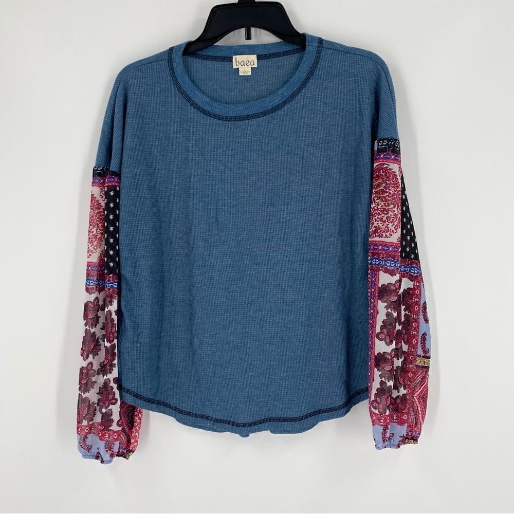 Baea Women’s Round Neck Waffle Knit Sheer Long Sleeve Tee size L Blue